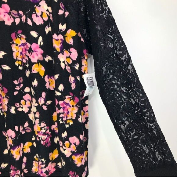 Torrid Black Pink Floral Lace Sleeve Soft Pullover Knit Top NEW - Picture 4 of 13